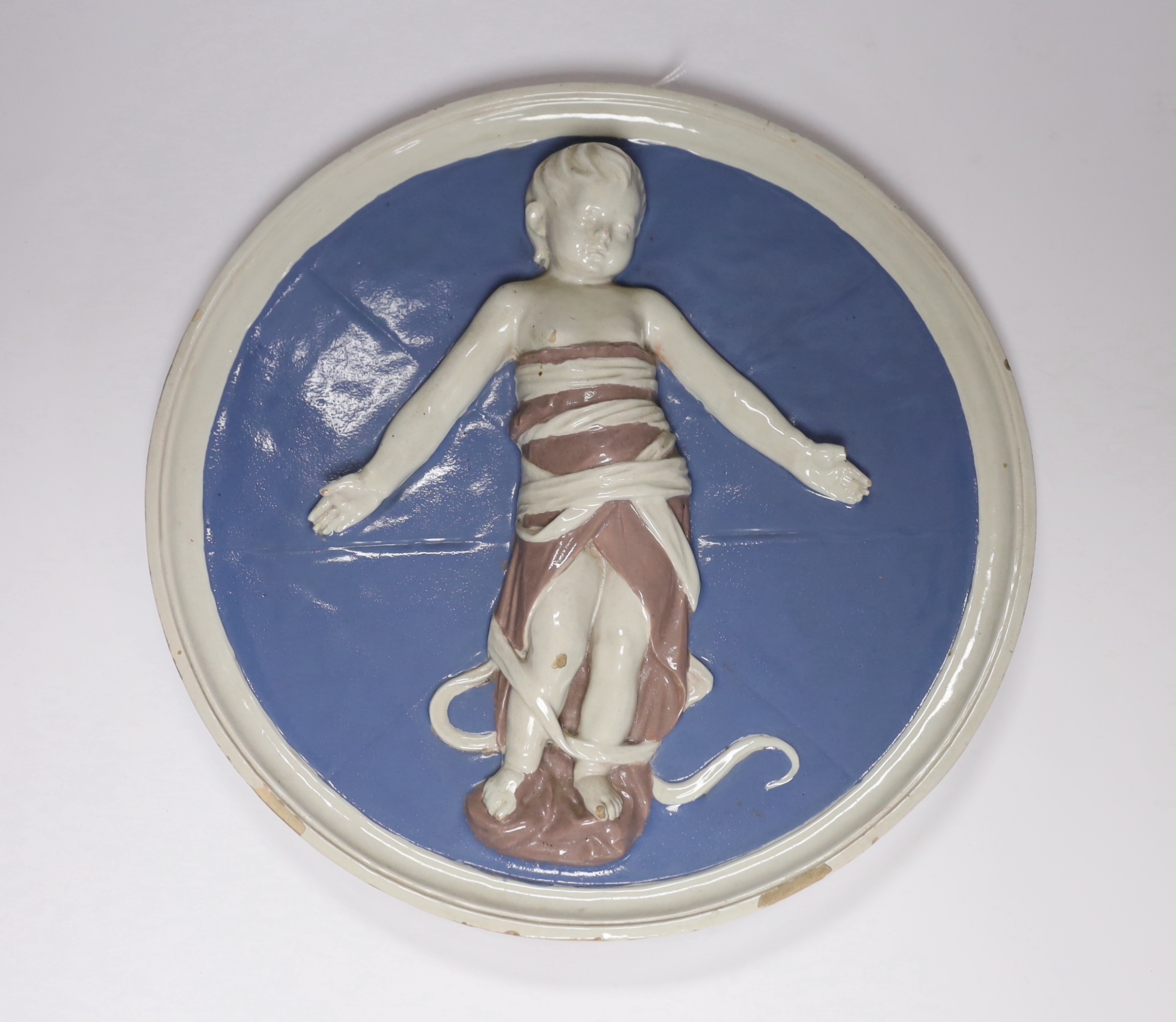 A 20th century Cantagalli Firenze circular wall plaque in Della Robbia style, 32cm